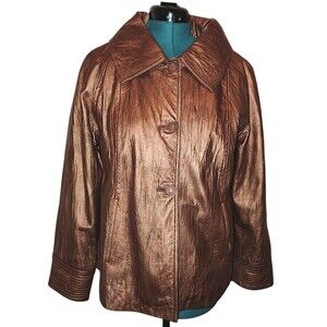 CHICO'S Gold/Bronze Leather Jacket Size 2 (L/12) Long Sleeves Button Up Pockets